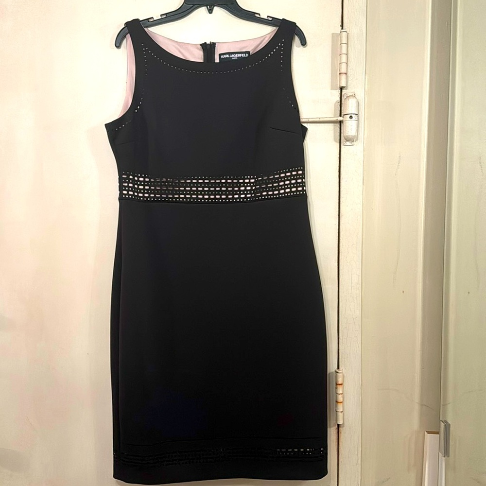 KARL LAGERFELD Brand new black classic sheath dress with laser-cut details Sz.8